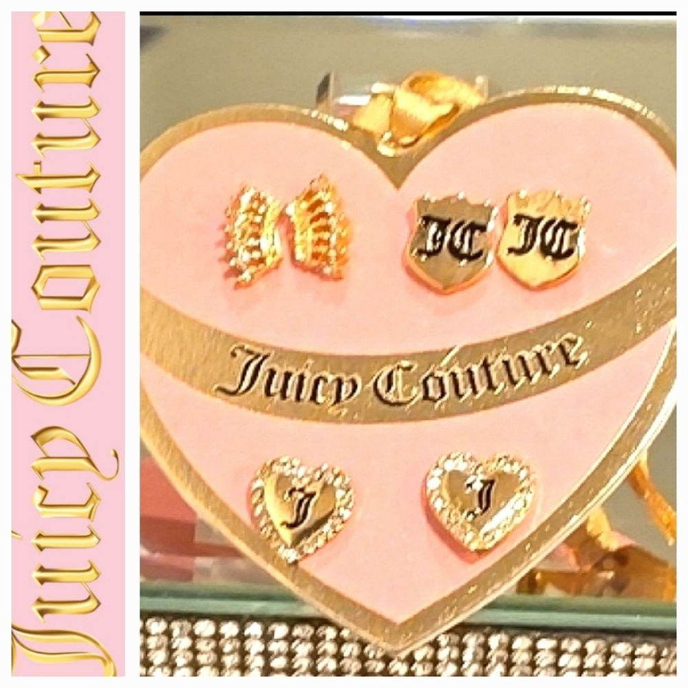 Juicy Couture 3-Piece JC Logo Shoeld,J Heart, Crown Earring Set